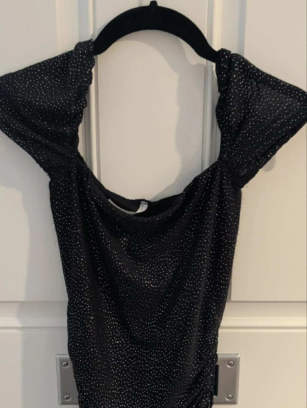 Lucy In the Sky Black Sparkle Ruched Mini Dress with Square Neck Size XS